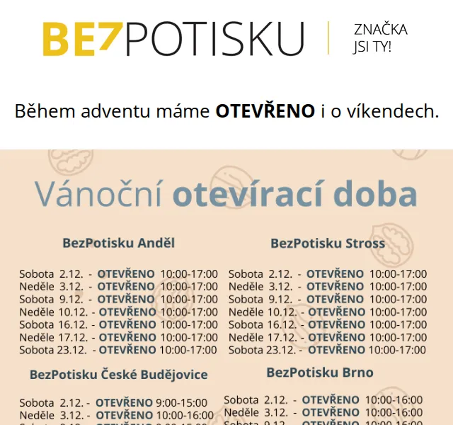 BezPotisku: Otevřeno o víkendech během adventu – červen 2026 | Nuslet.cz