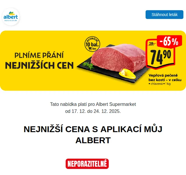 Albert: Vepřová pečeně za 74,90 Kč/kg – prosinec 2025 | Nuslet.cz