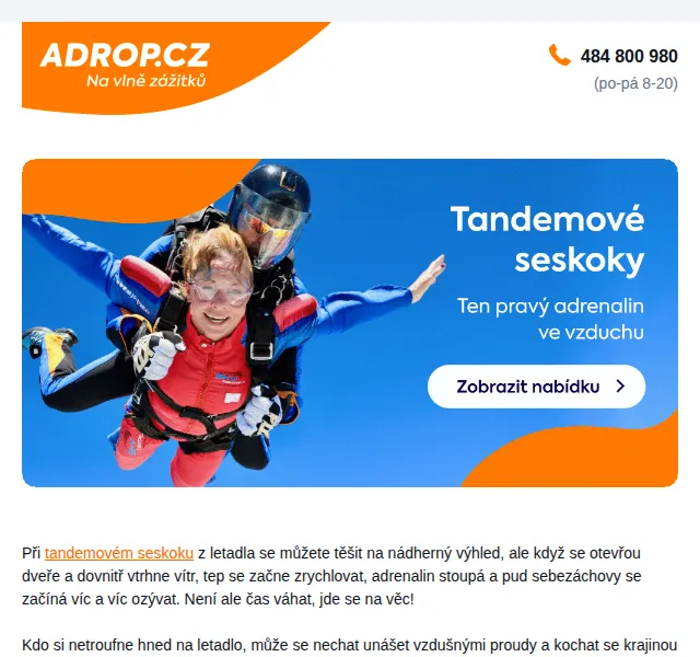 Adrop: Tandemový seskok padákem od 3 880 Kč – červen 2026 | Nuslet.cz
