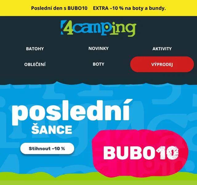 4camping.cz: Boty a bundy -10 % s kódem BUBO10 – září 2026