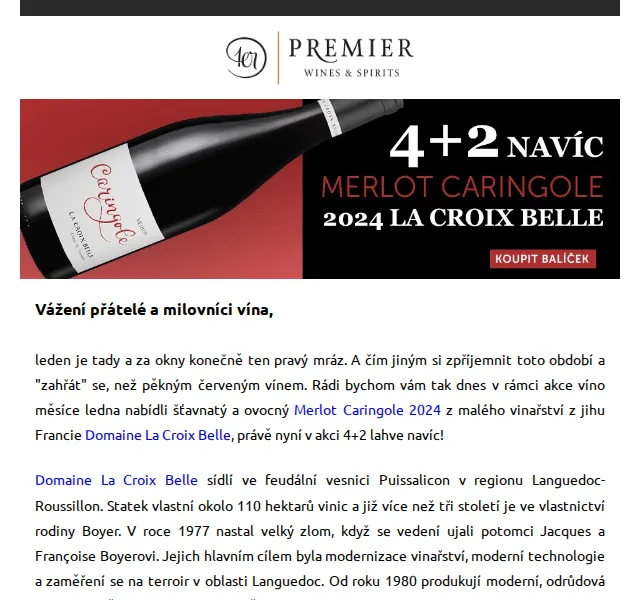 Premier Wines & Spirits: Merlot Caringole 2024 – 4+2 lahve (-540 Kč) – červen 2026 | Nuslet.cz