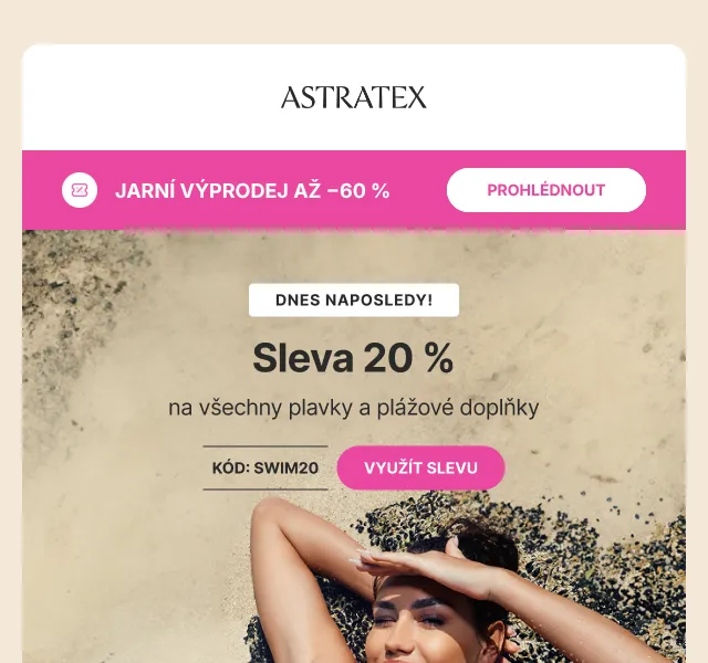 Astratex.cz: Sleva 20 % na plavky + novinky – duben 2026