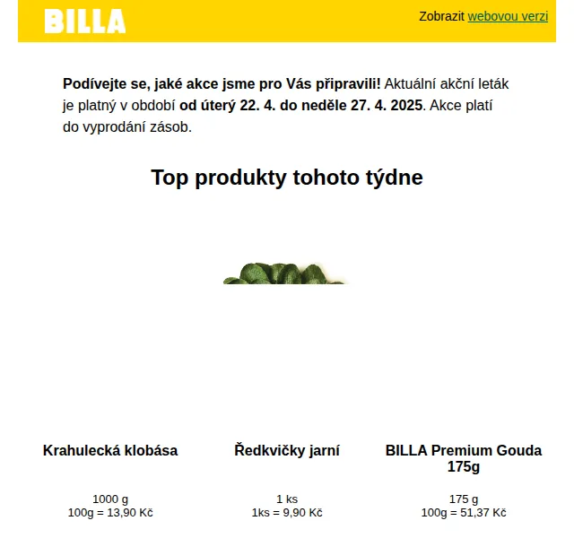 Billa: Krkovice za 99,90 Kč a Hermelín za 29,90 Kč – červen 2026 | Nuslet.cz