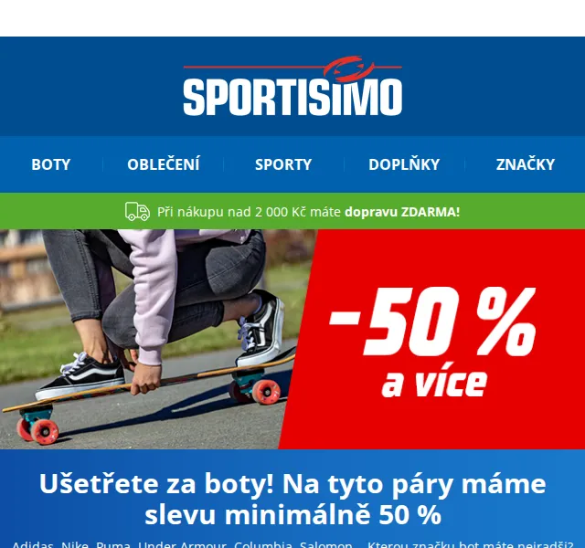 Sportisimo.cz: Vše za půlku – -50 % na obuv Adidas, Nike – červen 2026 | Nuslet.cz