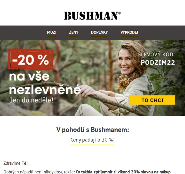 BUSHMAN: 20% sleva na nákup – červen 2026 | Nuslet.cz