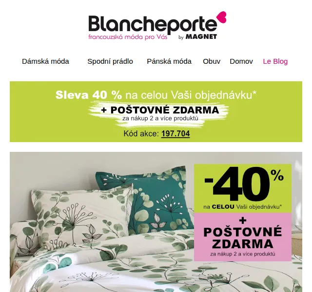Blancheporte: povlečení se slevou 40 % a poštovné zdarma – červen 2026 | Nuslet.cz