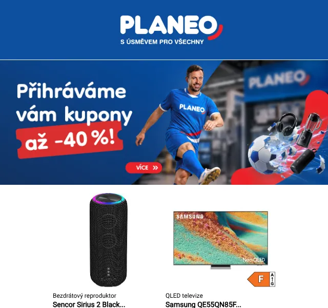 Planeo: Kupony až −40 % na TV, elektroniku a domácí spotřebiče | Červenec 2026 | Nuslet.cz