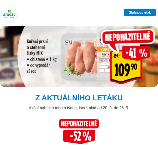 Albert: Kuřecí řízky 109,90 Kč/kg, okurka 9,90 Kč – září 2026 | Nuslet.cz