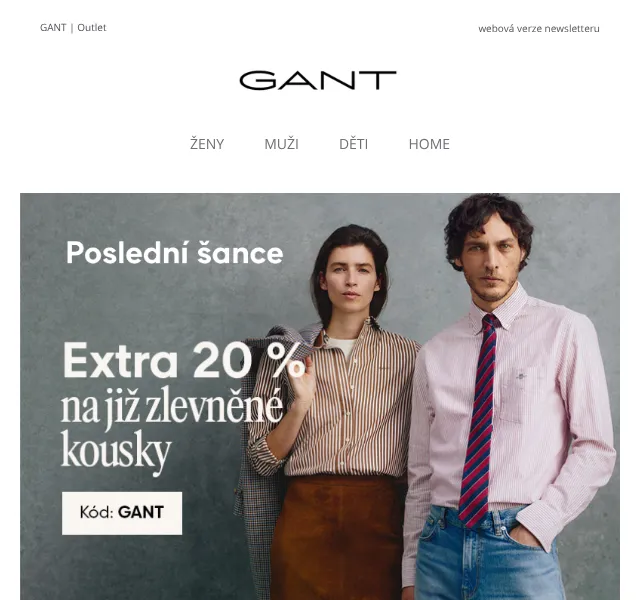 GANT: -20 % navíc na outlet – duben 2026 | Nuslet.cz