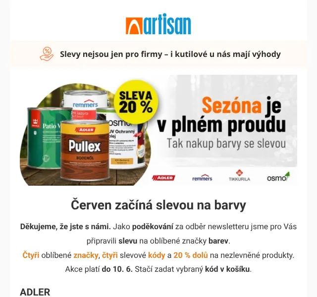Artisan.cz: Barvy ADLER, REMMERS, OSMO – sleva 20 % | Červen 2026