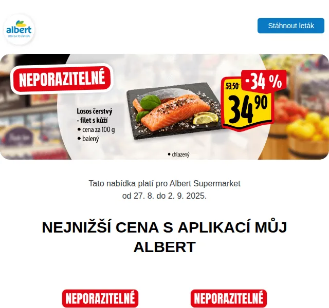 Albert: Rajčata 39,90 Kč, Actimel 64,90 Kč – srpen 2025 | Nuslet.cz