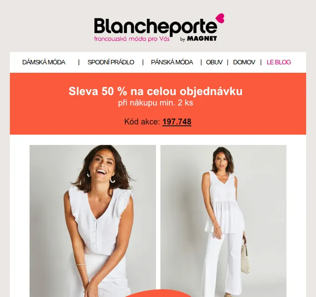 Blancheporte: Sleva 50 % na bílé basic kousky – červen 2026 | Nuslet.cz