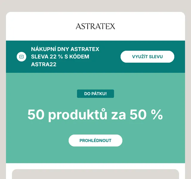 Astratex.cz: slevy 50 % + kód ASTRA22 – září 2026