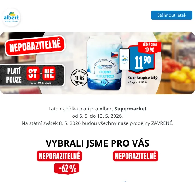 Albert: Vepřová pečeně za 79,90 Kč, avokádo, mléko – květen 2026