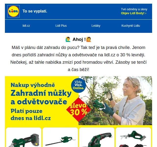 Lidl: 30 % sleva na zahradní nůžky a odvětvovače – duben 2026