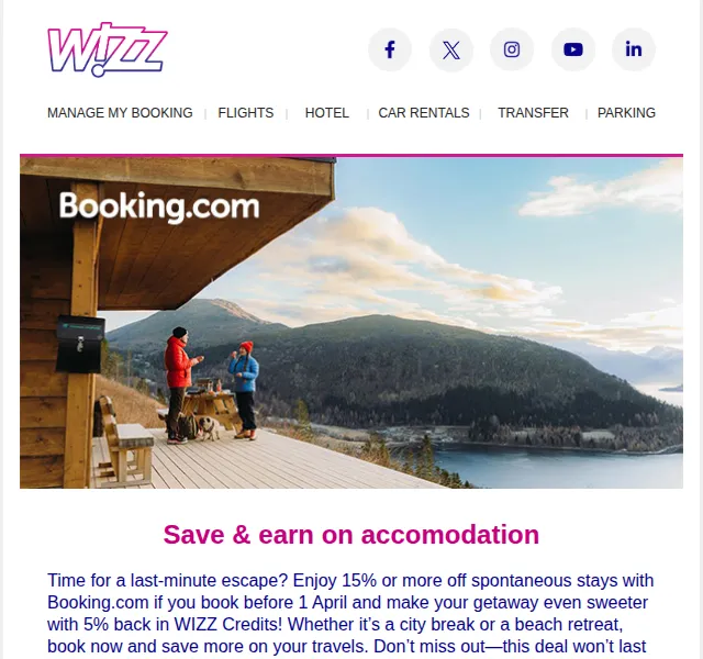 Wizz Air: 5 % zpět v kreditech za ubytování – červen 2026 | Nuslet.cz