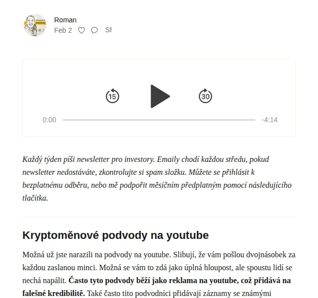 Substack: Ochrana před kryptopodvody na YouTube – červen 2026 | Nuslet.cz