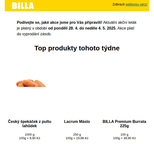 Billa: Český špekáček 9,90 Kč, slevy až 63 % – červen 2026 | Nuslet.cz
