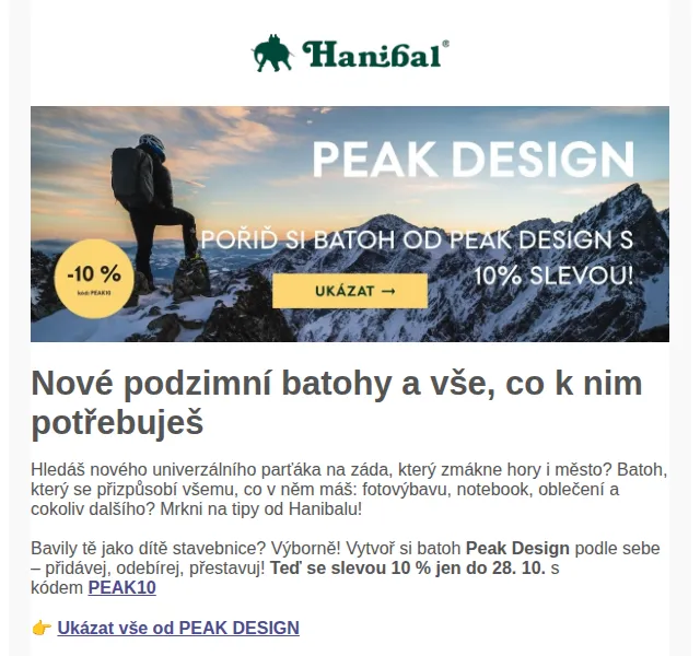 Hanibal: Batohy Peak Design + 10% sleva – červenec 2026 | Nuslet.cz