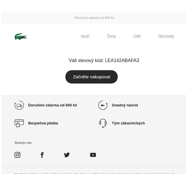 LACOSTE: Doprava zdarma od 600 Kč + slevový kód – červen 2026 | Nuslet.cz