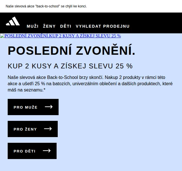 Adidas: Sleva 25 % na back-to-school – červenec 2026 | Nuslet.cz
