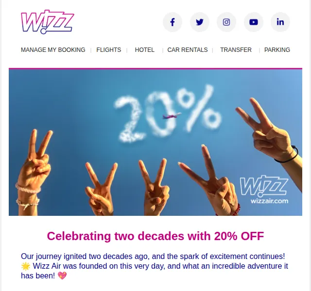 Wizz Air: Sleva 20 % na letenky – výroční akce – červen 2026 | Nuslet.cz