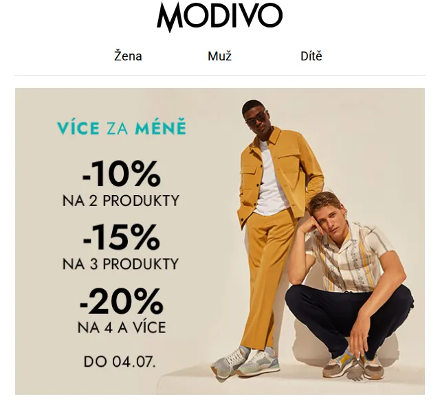 Modivo: Sleva až 20 % při nákupu 2+ kusů – červen 2026 | Nuslet.cz