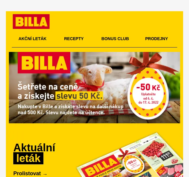Billa: 50 Kč na nákup nad 500 Kč – červen 2026 | Nuslet.cz