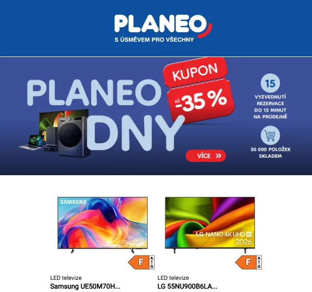 Planeo: slevy až 30 % na TV, mobily a domácí spotřebiče – září 2026