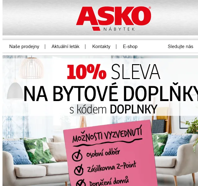 Asko Nábytek: 10% sleva na bytové doplňky – červen 2026 | Nuslet.cz