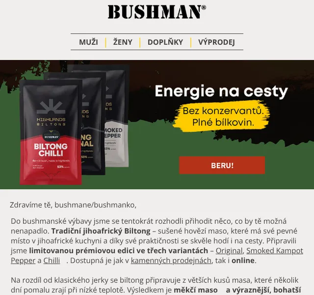 BUSHMAN: Biltong sušené hovězí maso 179 Kč – září 2026