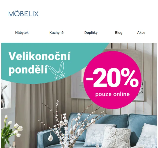 Möbelix: 20% sleva na velikonoční nákupy – červen 2026 | Nuslet.cz