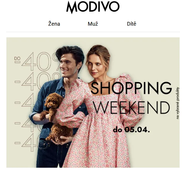 Modivo: Shopping Weekend slevy do -40 % – červen 2026 | Nuslet.cz