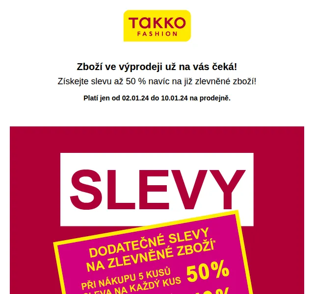 Takko Fashion: Dodatečná sleva 50 % na zlevněné zboží – červen 2026 | Nuslet.cz