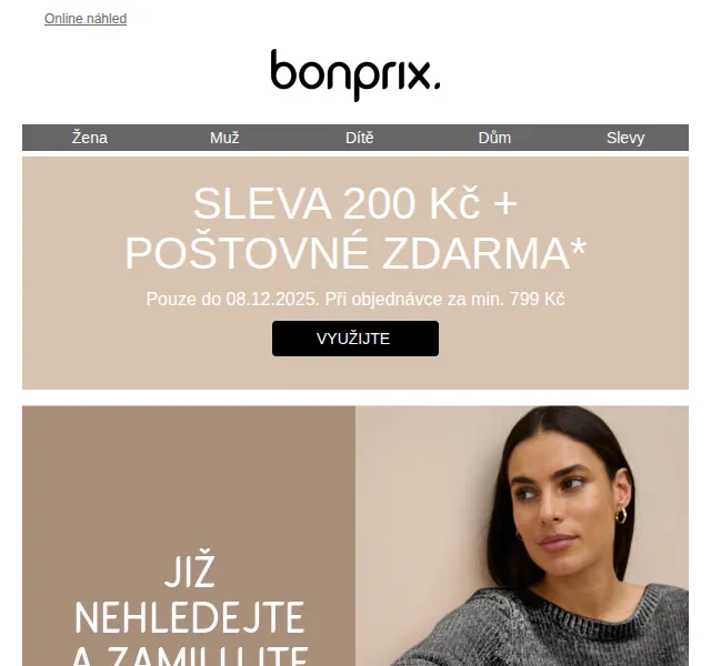 Bonprix: Svetry za 249–679 Kč + 200 Kč sleva – duben 2026