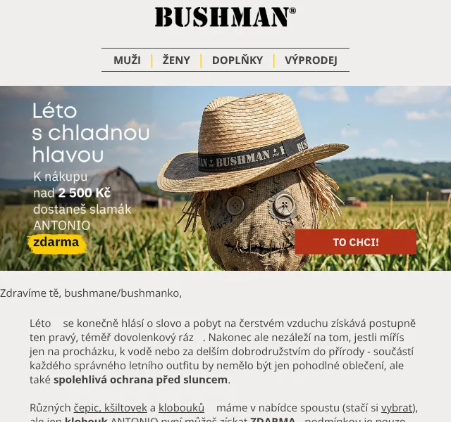BUSHMAN: Klobouk Antonio ZDARMA – červen 2026 | Nuslet.cz