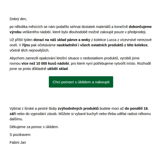 Jan Fabini: podzimní úklid skladu se slevou až 30 % – červen 2026 | Nuslet.cz