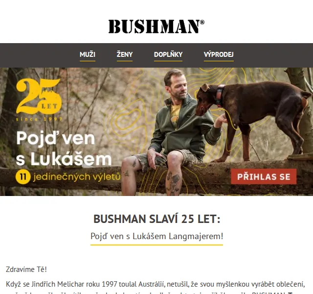 BUSHMAN: Oslava 25 let – výlet s Lukášem Langmajerem + ponožky TREK za 349 Kč – červen 2026 | Nuslet.cz