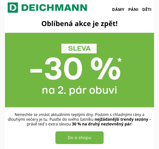Deichmann: -30 % na 2. pár – říjen 2026