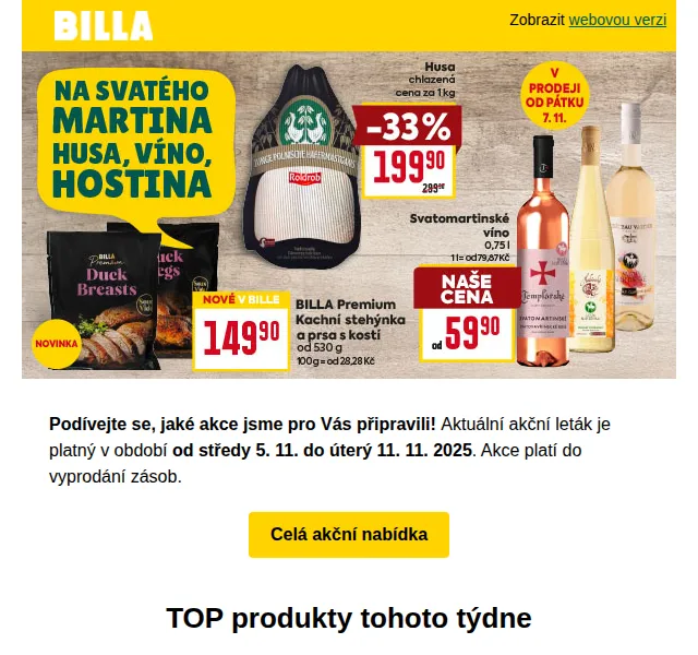 Billa: Svatomartinská husa 199,90 Kč a víno od 59,90 Kč – listopad 2025 | Nuslet.cz