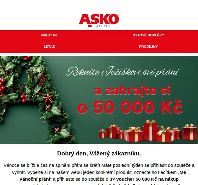 Asko Nábytek: Vánoční soutěž o 50 000 Kč a slevu 150 Kč – prosinec 2026 | Nuslet.cz