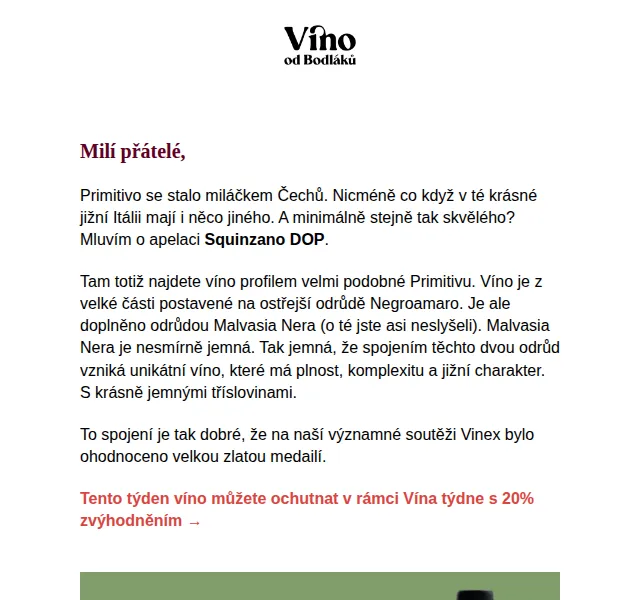 Jitka za Víno od Bodláků: Squinzano DOP s 20% sle – červen 2026 | Nuslet.cz