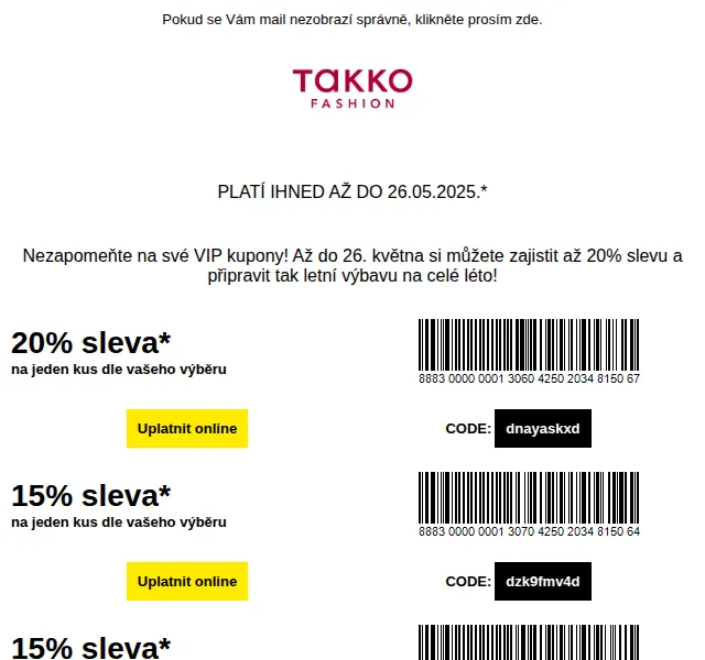 Takko Fashion: Sleva až 20 % s kuponem – červen 2026 | Nuslet.cz