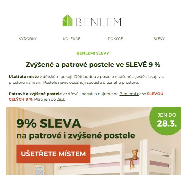 Michal z rodiny Benlemi: SLEVA 9 % na patrové a zvýšené postele – červenec 2026 | Nuslet.cz
