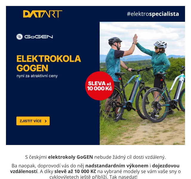 DATART: Elektrokola GoGEN se slevou až 10 000 Kč – červen 2026