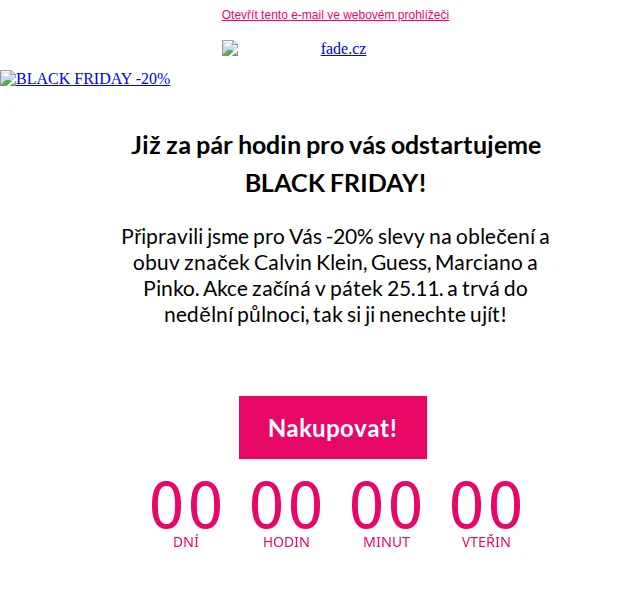 Fade: BLACK FRIDAY -20% na Calvin Klein, Guess, Marciano, Pinko – listopad 2026 | Nuslet.cz