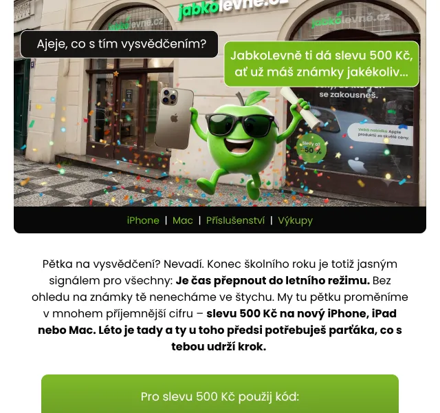JabkoLevně: iPhone, iPad, Mac – sleva 500 Kč | Červen 2026