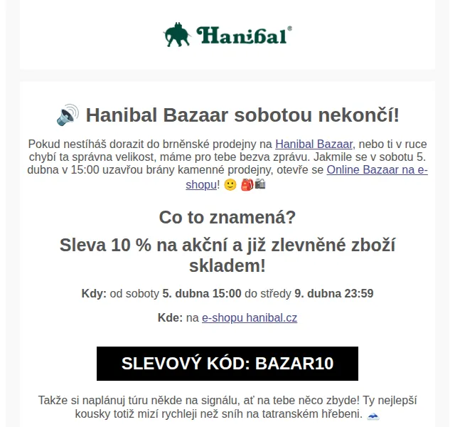 Hanibal: Jarní Bazaar se slevou 10 % – duben 2026 | Nuslet.cz