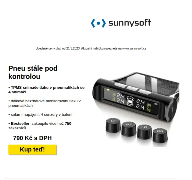 Sunnysoft: TPMS snímače tlaku za 790 Kč – březen 2026 | Nuslet.cz