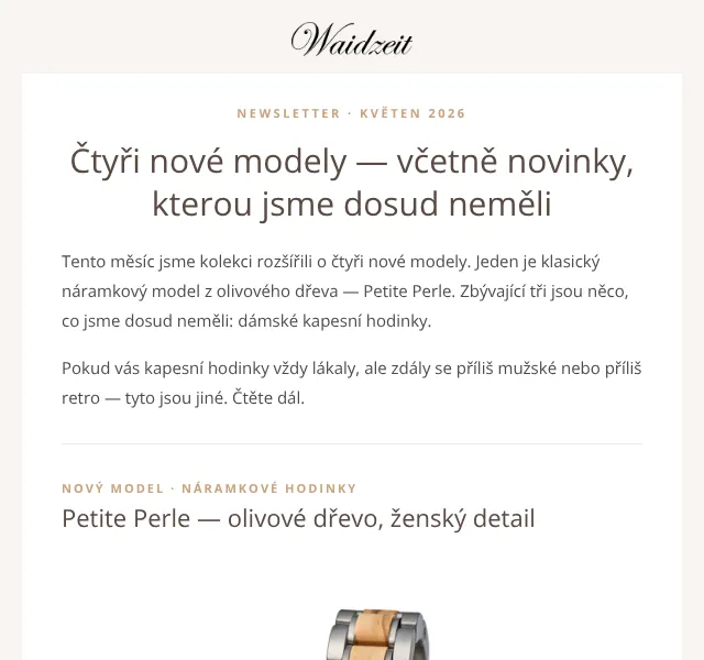 Waidzeit: Dámské kapesní hodinky a Petite Perle – květen 2026